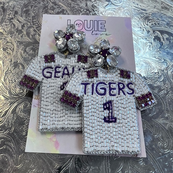 Louie Love Embroidered Beaded LSU GEAUX TIGERS Football Jersey Post Earrings 💗 - Picture 2 of 4